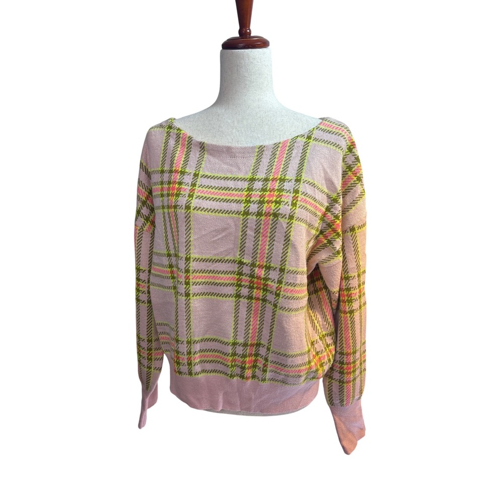 Maeve by Anthropologie Pink Green Plaid Boat Neck Knit Sweater Large